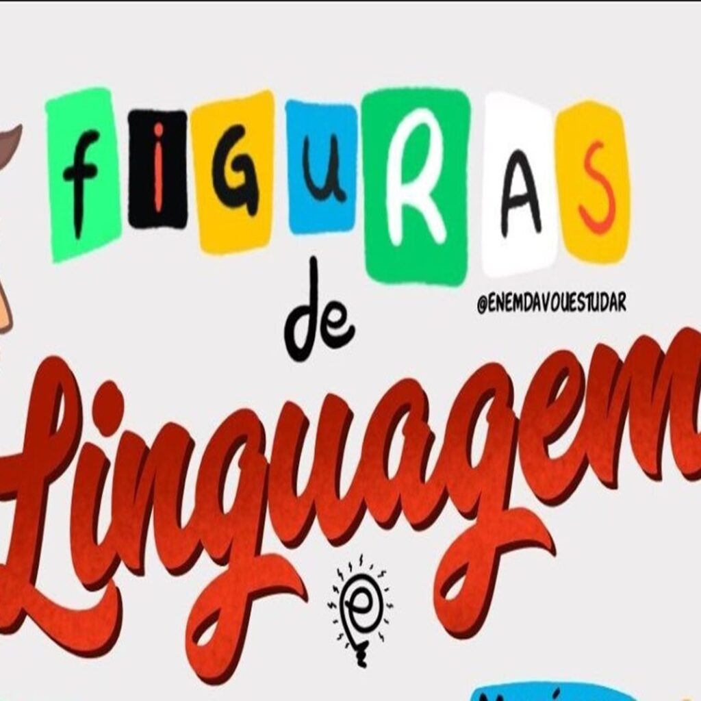 Ilustração colorida destacando o termo 'figuras de linguagem' com letras estilizadas e decorativas, ideal para estudo de gramática e literatura.