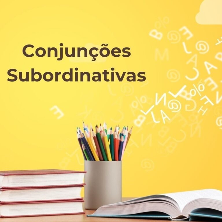 A imagem mostra livros empilhados, um livro aberto e lápis coloridos em um ponte e várias letra saindo de forma abstrata. Vemos na imagem o título "conjunções subordinativas" em referência ao estudo dessa matéria.