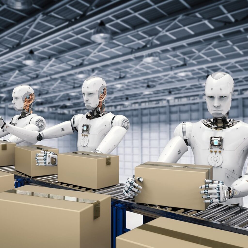Robôs industriais movimentando caixas de papelão em referência às transformações da Terceira Revolução Industrial.