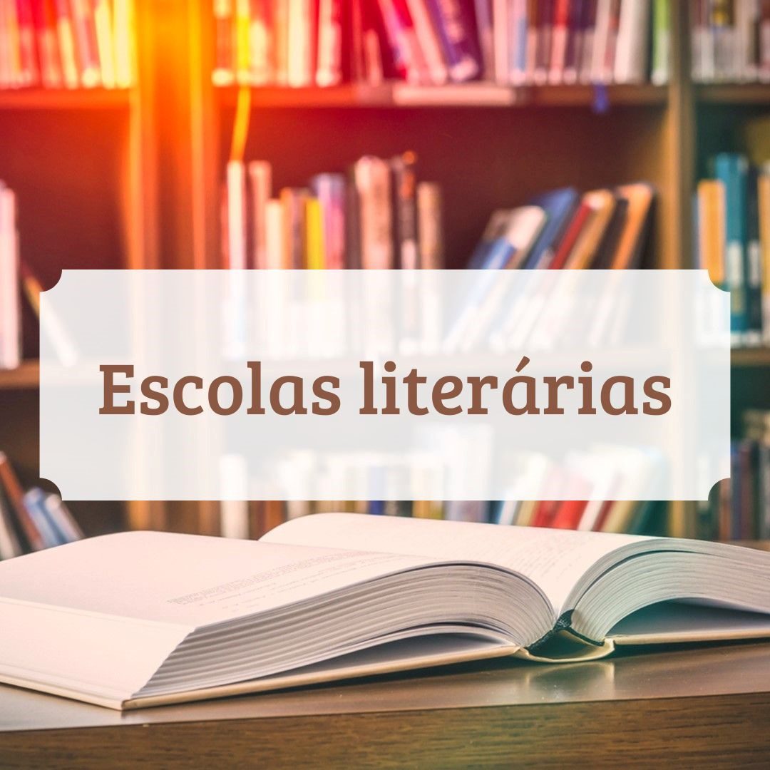 Imagem de um livro aberto em uma biblioteca com o texto 'Escolas literárias' destacado, ideal para conteúdos sobre movimentos literários e história da literatura.