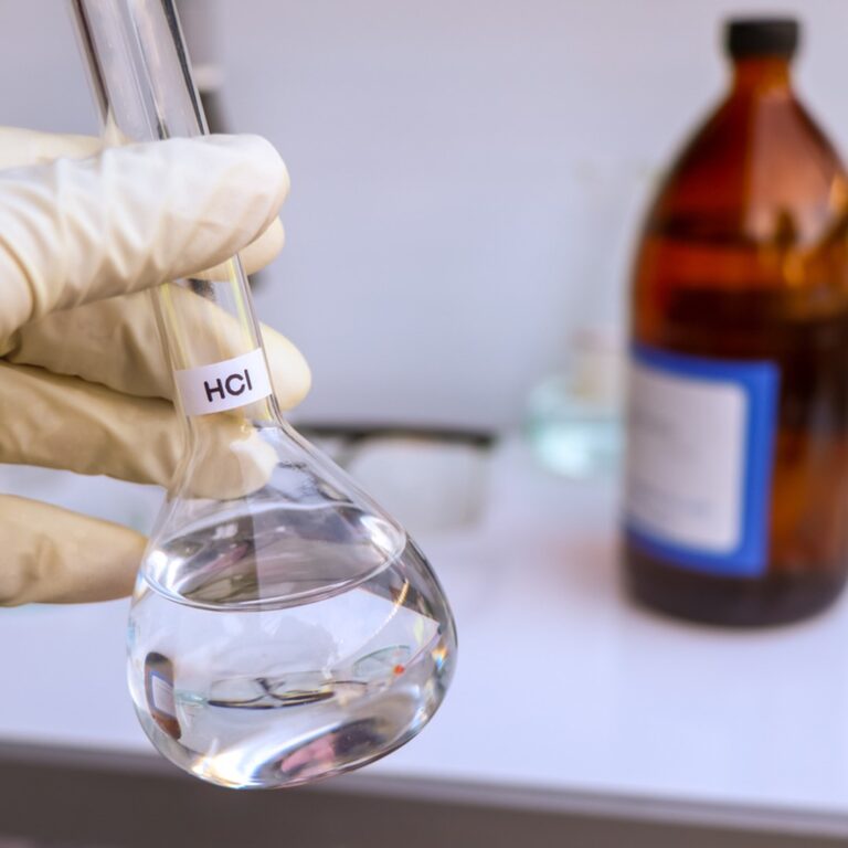Frasco de laboratório contendo ácido muriático sendo segurado por uma mão com luva, com garrafas e equipamentos de laboratório ao fundo.