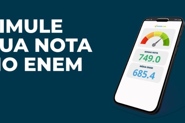 Escrita "Simule sua nota" com um celular ao lado mostrando a ferramenta da Estuda.com para os estudantes descobrirem a nota do Enem do exame.
