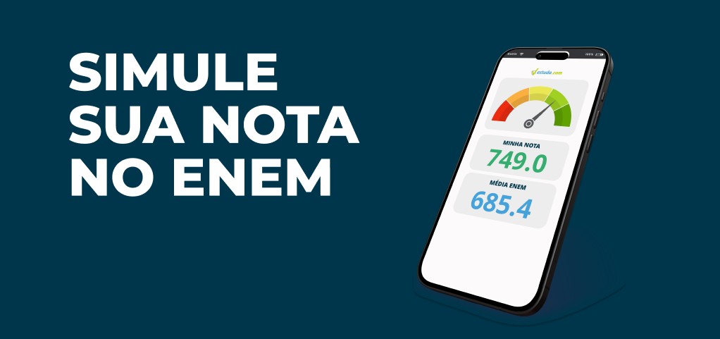 Escrita "Simule sua nota" com um celular ao lado mostrando a ferramenta da Estuda.com para os estudantes descobrirem a nota do Enem do exame.
