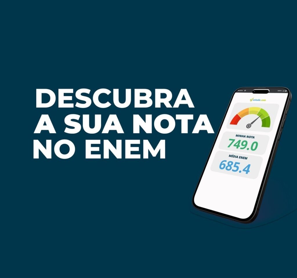 Escrita "Descubra sua nota" com um celular ao lado mostrando a ferramenta da Estuda.com para os estudantes descobrirem a nota do Enem antes do exame.