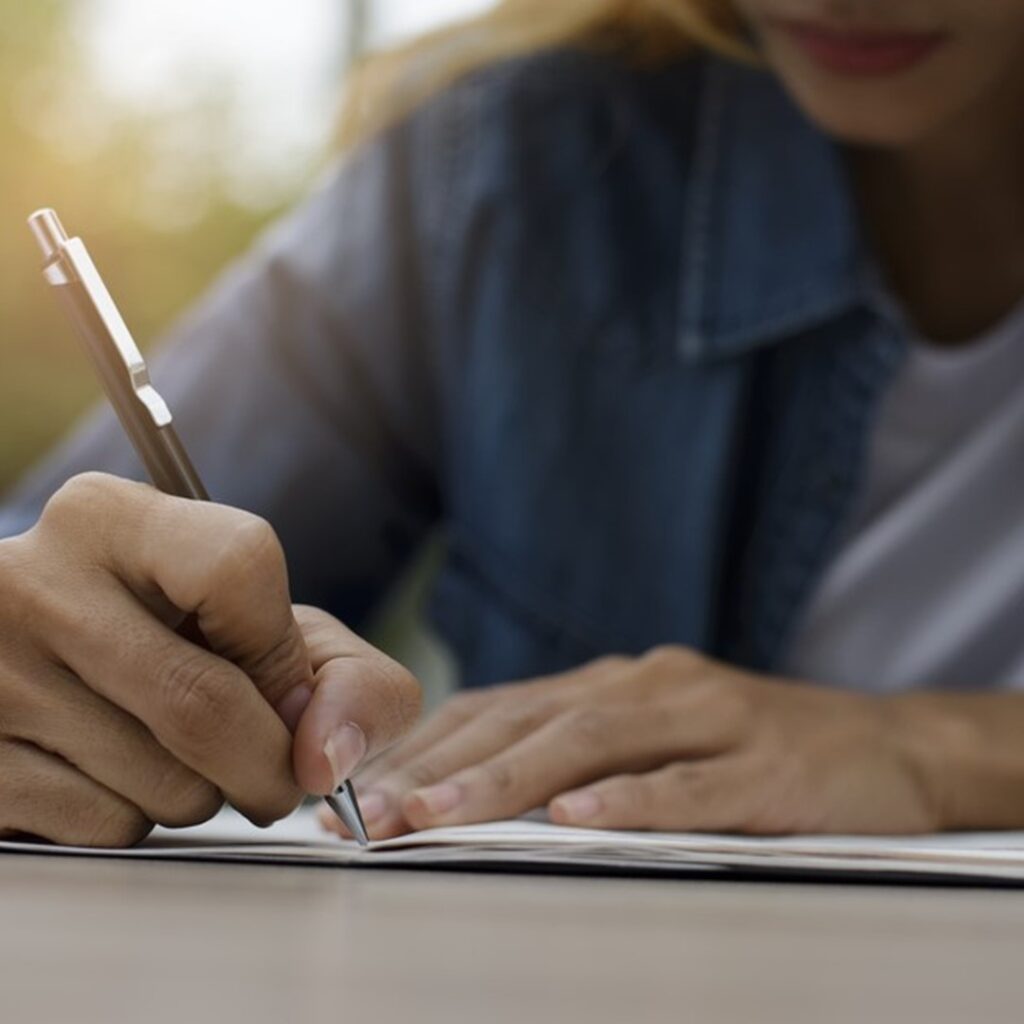 Pessoa escrevendo em um caderno, representando a prática de modelos de redação Enem, essencial para preparar uma redação nota 1000 no exame.