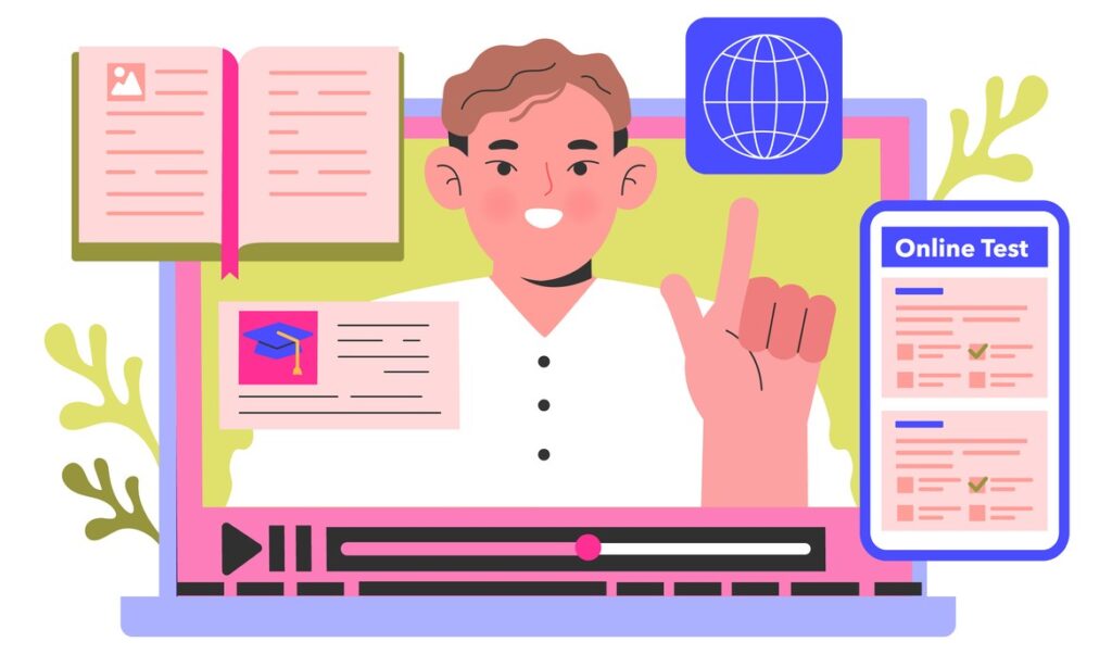 Ilustração de estudante utilizando recursos online como simulados, questões e videoaulas, representando as melhores plataformas de estudos, com acesso a provas, planos de estudos personalizados, listas de exercícios e estatísticas detalhas.