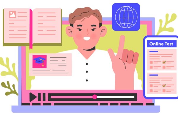 Ilustração de estudante utilizando recursos online como simulados, questões e videoaulas, representando as melhores plataformas de estudos, com acesso a provas, planos de estudos personalizados, listas de exercícios e estatísticas detalhas.