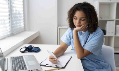 Uma estudante de Medicina com cabelos cacheados vestindo um uniforme azul está sentada em uma mesa de escritório. Ela olha para o celular enquanto apoia o rosto com uma das mãos. Ao lado, há um laptop, um esfigmomanômetro e um bloco de notas com canetas.