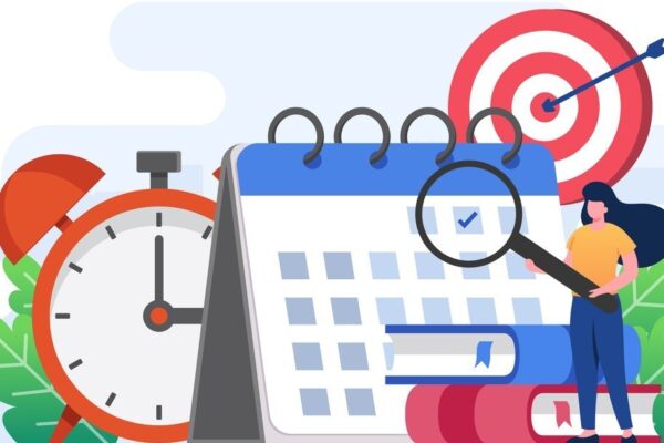 Ilustração de um relógios e calendário representando o calendário de vestibulares.