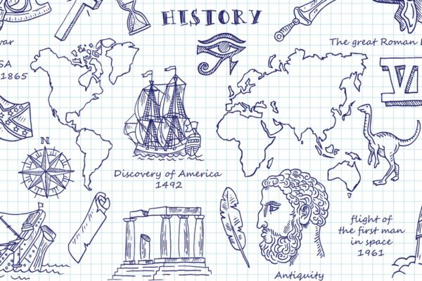 Ilustração com elementos históricos, como mapas, impérios e eventos marcantes, representando o que mais cai em história no Enem.