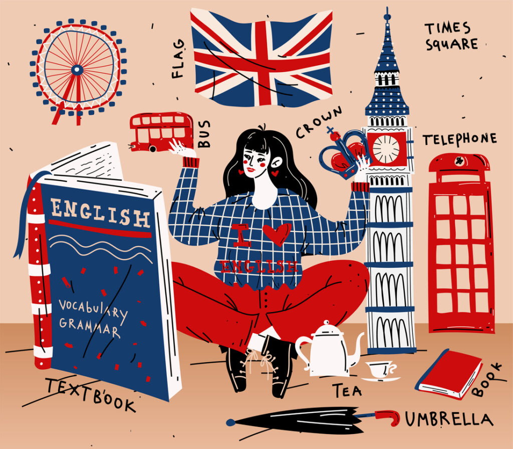 Ilustração temática com elementos culturais britânicos, como bandeira do Reino Unido, Big Ben e livro de gramática, representando inglês no Enem.