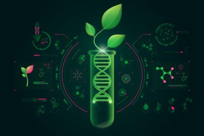 Ilustração futurista representando a biotecnologia, com DNA e planta em tubo de ensaio, ideal para estudos de biologia no Enem e temas de genética.