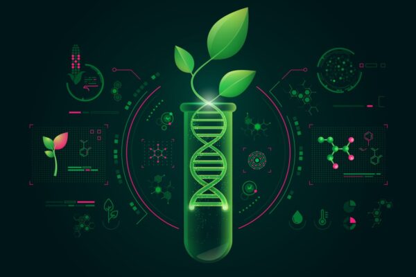 Ilustração futurista representando a biotecnologia, com DNA e planta em tubo de ensaio, ideal para estudos de biologia no Enem e temas de genética.