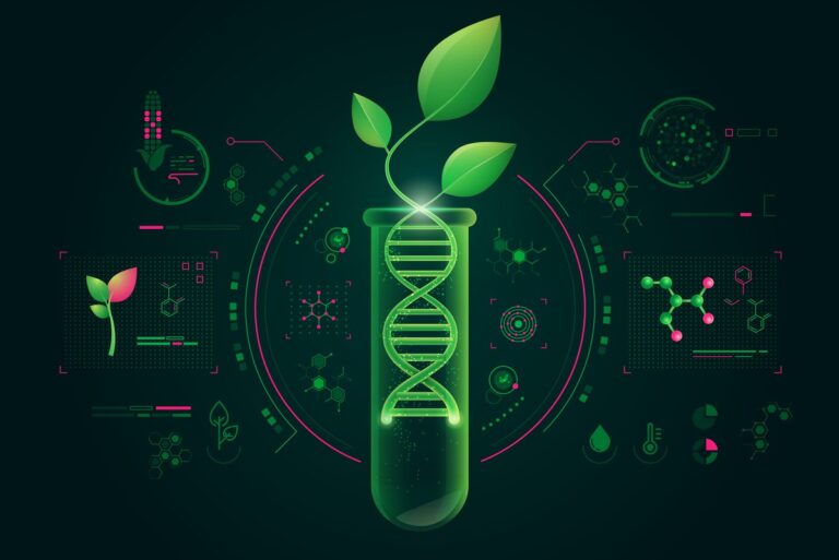 Ilustração futurista representando a biotecnologia, com DNA e planta em tubo de ensaio, ideal para estudos de biologia no Enem e temas de genética.