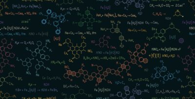 Imagem com várias fórmulas químicas e elementos representando os assuntos de química que mais caem no Enem.
