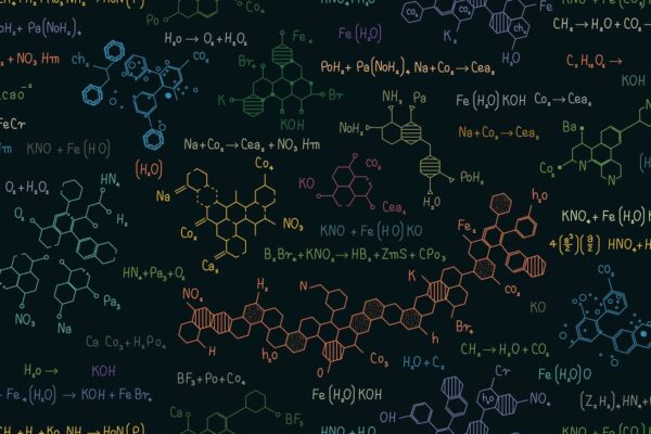Imagem com várias fórmulas químicas e elementos representando os assuntos de química que mais caem no Enem.
