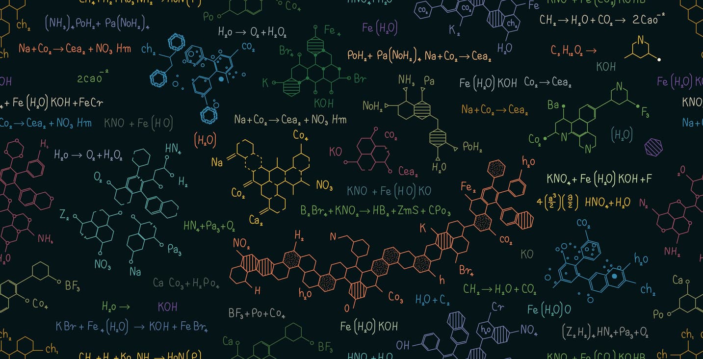 Imagem com várias fórmulas químicas e elementos representando os assuntos de química que mais caem no Enem.