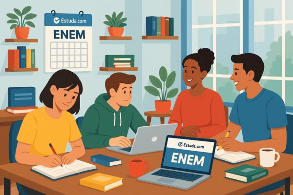 Ilustração mostrando um estudante em um ambiente de estudos moderno, com cadernos, computador e elementos gráficos que remetem ao Enem.