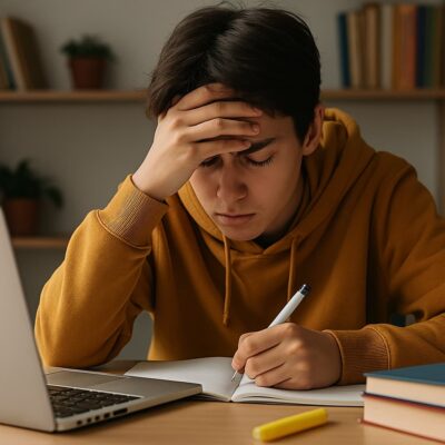 Estudante concentrado em meio aos materiais de estudo, com expressão de cansaço e frustração, representando as dificuldades comuns ao tentar melhorar o rendimento nos estudos.