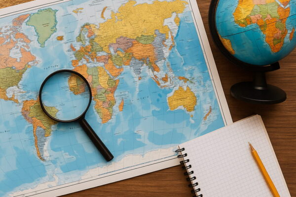 Ilustração com elementos geográficos como mapas, globo terrestre, bússola e gráficos, representando o estudo da Geografia para o Enem.
