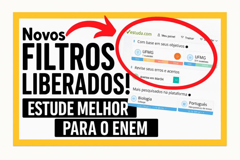 Imagem da plataforma Estuda.com onde mostra os novos filtros de questões para facilitar os estudos de Enem e vestibulares.