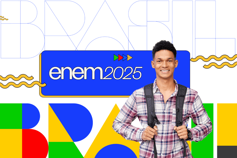 Estudante sorridente com mochila em frente a painel colorido com a palavra “Brasil” e o texto “Enem 2025”, representando a abertura das inscrições Enem 2025.