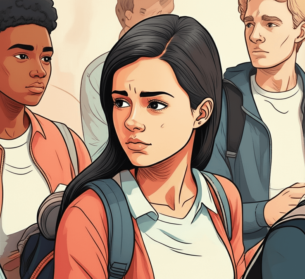 Estudante morena com expressão preocupada, mochila nas costas, cercada por outros estudantes com semblantes ansiosos, representando os desafios e ansiedade no ENEM.