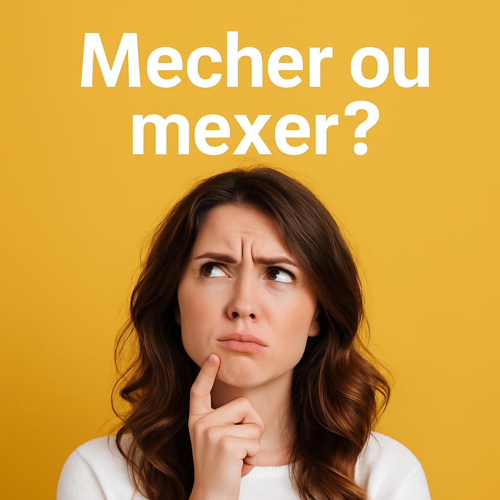 Mulher jovem com expressão de dúvida olhando para o lado, com a frase “Mecher ou mexer?” escrita na horizontal sobre fundo claro.