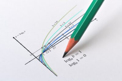 Gráfico de funções logarítmicas com diferentes bases e anotações matemáticas.