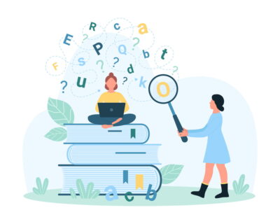 Ilustração sobre analfabetismo funcional, mostrando uma pessoa estudando em cima de livros e outra analisando letras com uma lupa, simbolizando dificuldades de leitura e compreensão.
