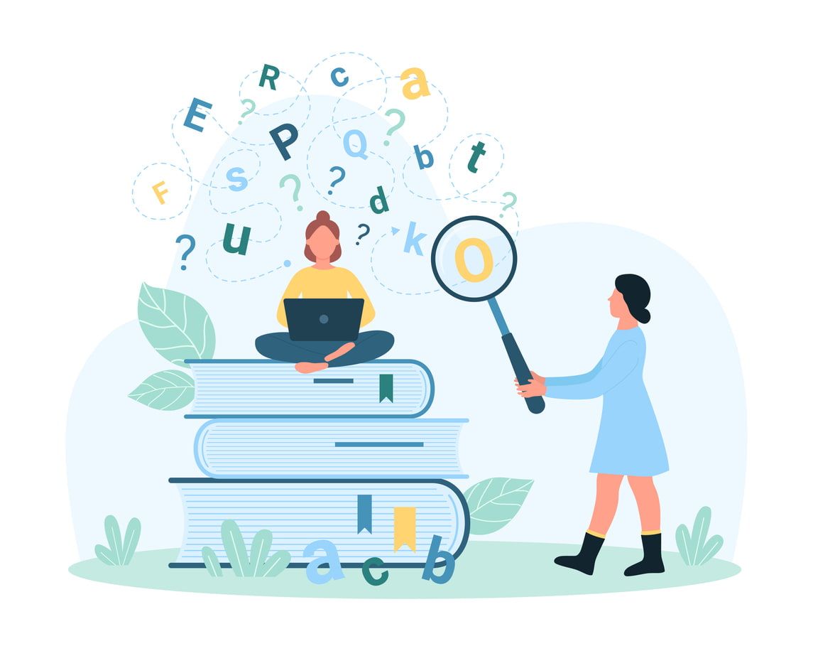 Ilustração sobre analfabetismo funcional, mostrando uma pessoa estudando em cima de livros e outra analisando letras com uma lupa, simbolizando dificuldades de leitura e compreensão.