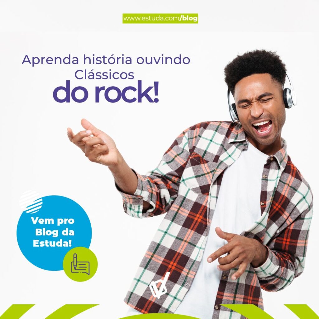 Jovem usando fones de ouvido e se divertindo enquanto estuda, representando músicas para aprender história para o Enem, unindo conteúdo educativo e clássicos do rock.