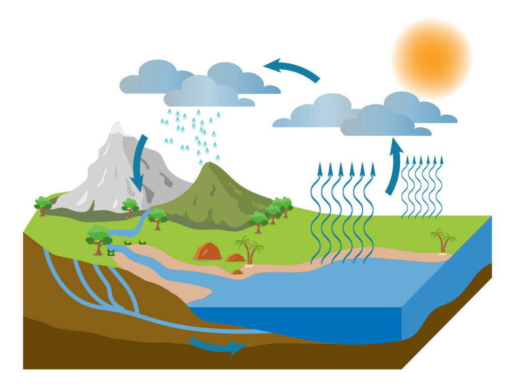 Ilustração do ciclo da água, mostrando o sol aquecendo um lago, causando evaporação. O vapor d'água sobe e forma nuvens, que se movem para as montanhas. As nuvens precipitam chuva sobre as montanhas e florestas. A água da chuva escorre pelas montanhas, formando rios que fluem de volta para o lago e também se infiltra no solo, formando lençóis freáticos subterrâneos que também deságuam no lago.