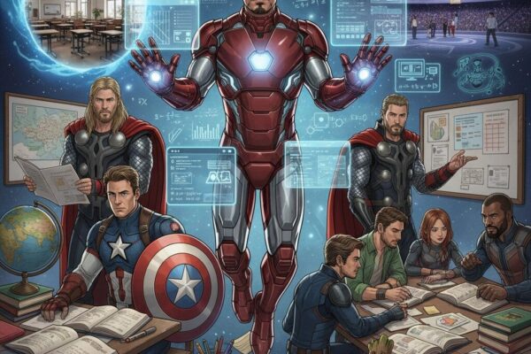 Estratégias de estudo inspiradas nos heróis da Marvel para sua aprovação: Homem de Ferro simboliza a tecnologia, Capitão América e Thor a disciplina, e os Guardiões da Galáxia o trabalho em equipe em um ambiente de aprendizado. A imagem une o universo Marvel ao desafio dos vestibulares, destacando métodos para alcançar o sucesso acadêmico.