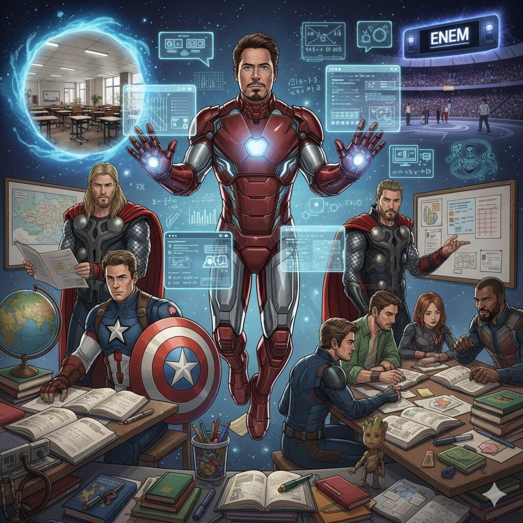 Estratégias de estudo inspiradas nos heróis da Marvel para sua aprovação: Homem de Ferro simboliza a tecnologia, Capitão América e Thor a disciplina, e os Guardiões da Galáxia o trabalho em equipe em um ambiente de aprendizado. A imagem une o universo Marvel ao desafio dos vestibulares, destacando métodos para alcançar o sucesso acadêmico.