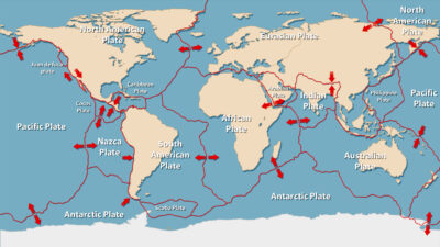 Mapa-múndi ilustrando as principais placas tectônicas da Terra, com setas indicando o movimento entre as placas como a Sul-Americana, Africana, Eurasiática e do Pacífico.