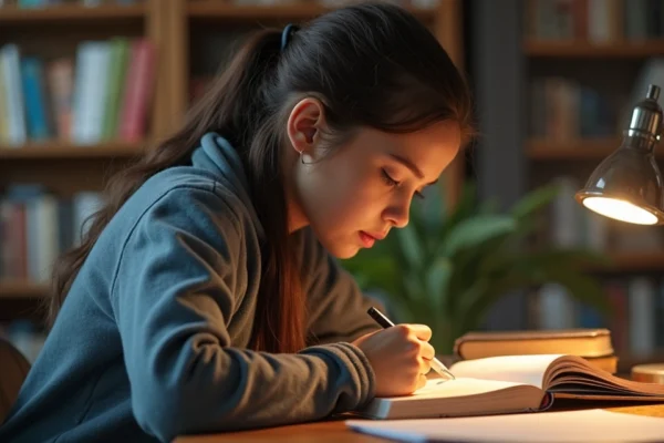 Estudante olhando ansioso para celular aguardando resultado do Enem em ambiente de estudo com livros e material escolar