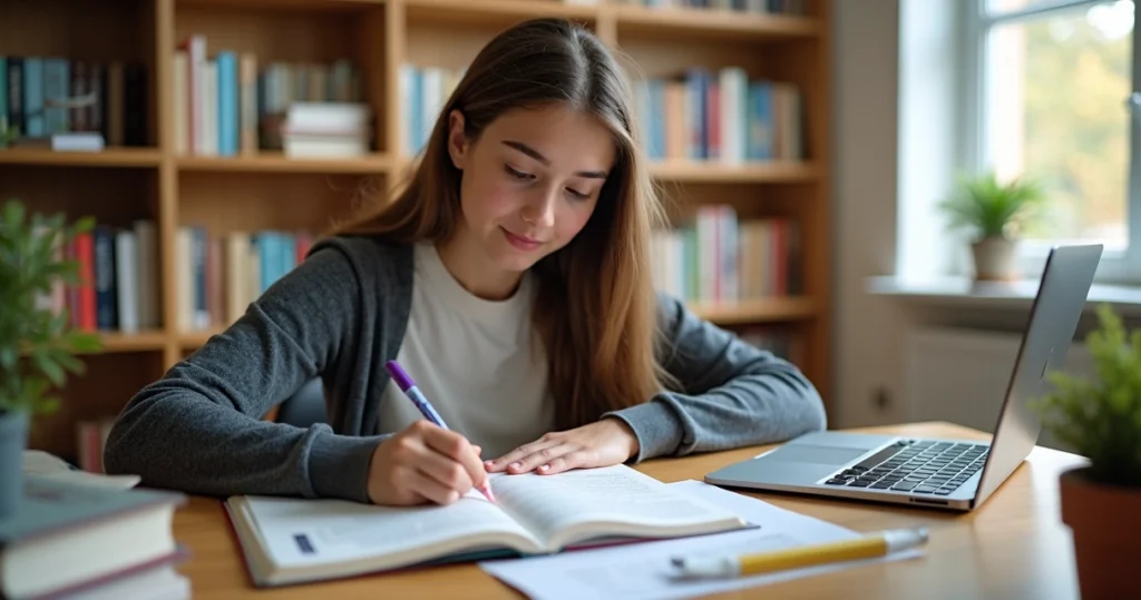 Estudante jovem sentado em mesa de estudos com livros de filosofia e sociologia, caderno aberto, laptop, ambiente claro e organizado