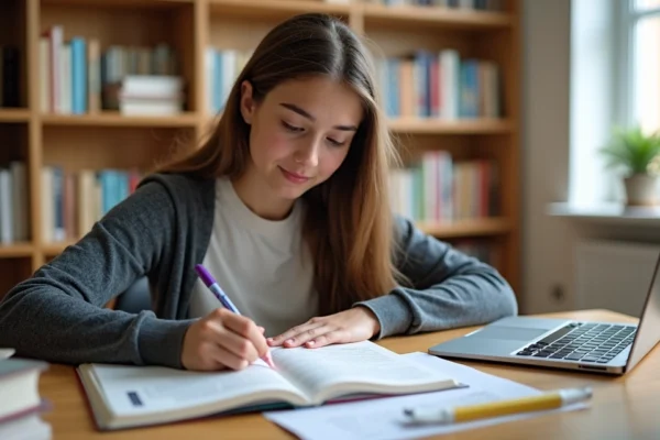 Estudante jovem sentado em mesa de estudos com livros de filosofia e sociologia, caderno aberto, laptop, ambiente claro e organizado