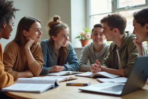 Estudantes reunidos em mesa refletindo sobre opções de carreiras com livros e laptop