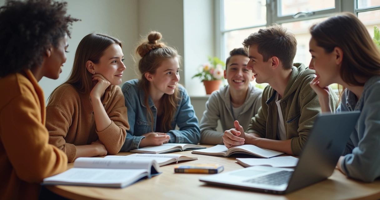 Estudantes reunidos em mesa refletindo sobre opções de carreiras com livros e laptop