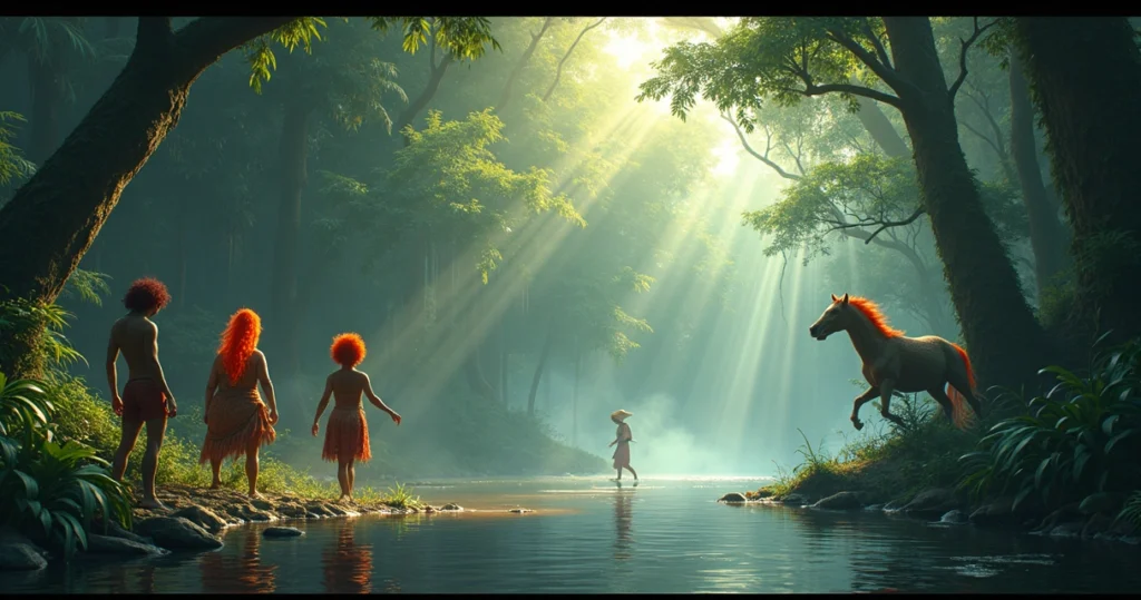 Ilustração detalhada dos principais personagens do folclore brasileiro como Saci, Curupira, Iara e Mula sem cabeça em cenário natural da floresta