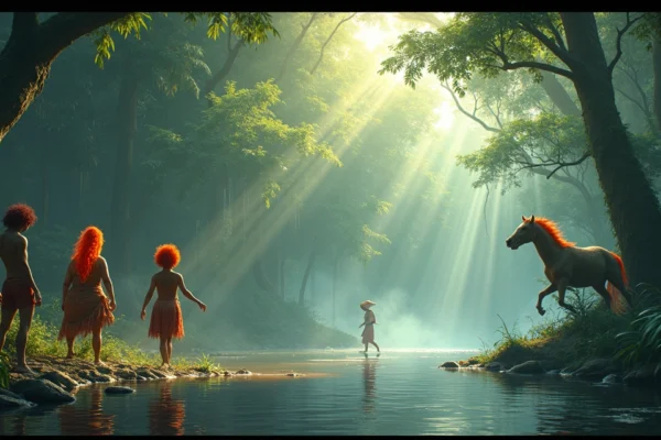 Ilustração detalhada dos principais personagens do folclore brasileiro como Saci, Curupira, Iara e Mula sem cabeça em cenário natural da floresta