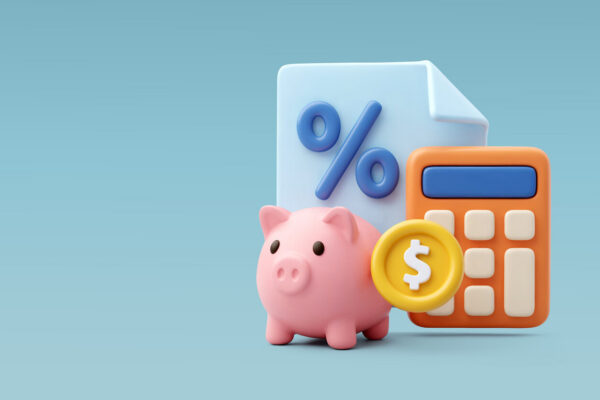 Ilustração com porquinho-cofre, calculadora e símbolo de porcentagem, representando passo a passo de como calcular porcentagem.