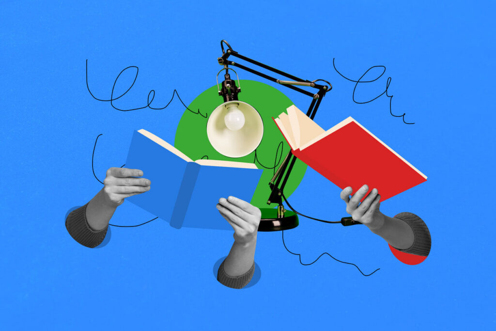 Ilustração criativa com mãos segurando livros coloridos sob uma luminária, representando o estudo dos gêneros textuais e o desenvolvimento da leitura e escrita.