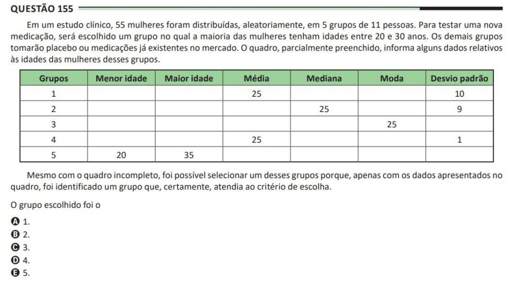 Questão Matemática envolvendo média, mediana e moda - 2025
