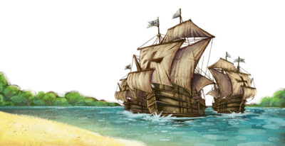 Ilustração de caravelas portuguesas chegando ao litoral, representando o contexto histórico de quem descobriu o Brasil.