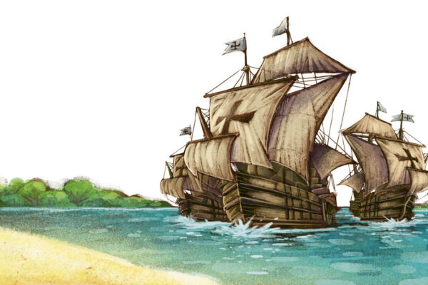 Ilustração de caravelas portuguesas chegando ao litoral, representando o contexto histórico de quem descobriu o Brasil.