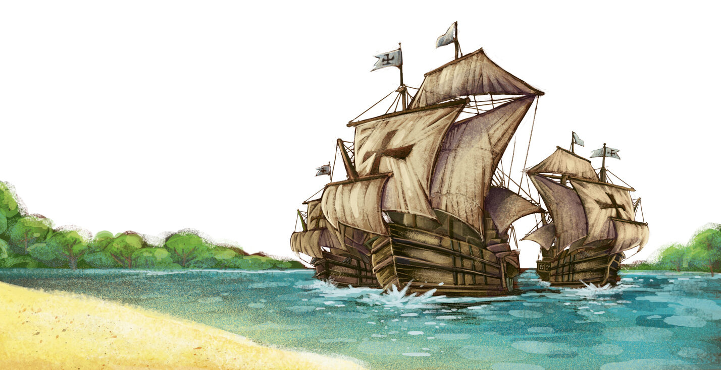 Ilustração de caravelas portuguesas chegando ao litoral, representando o contexto histórico de quem descobriu o Brasil.