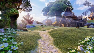 Cenário colorido e fantasioso com casas rústicas, árvores gigantes e flores, ilustrando um ambiente típico de histórias imaginárias para explicar “o que é fábula”.